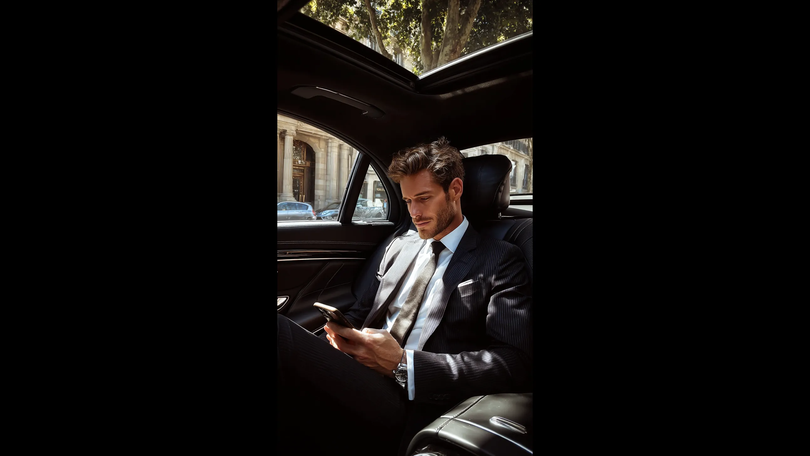 Business executive using a chauffeured car during a Paris roadshow