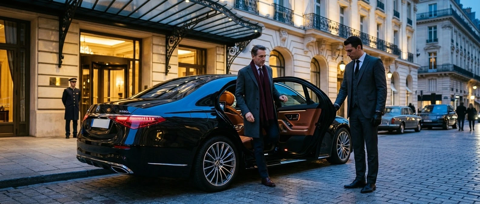 A chauffeur beside a Mercedes in Paris