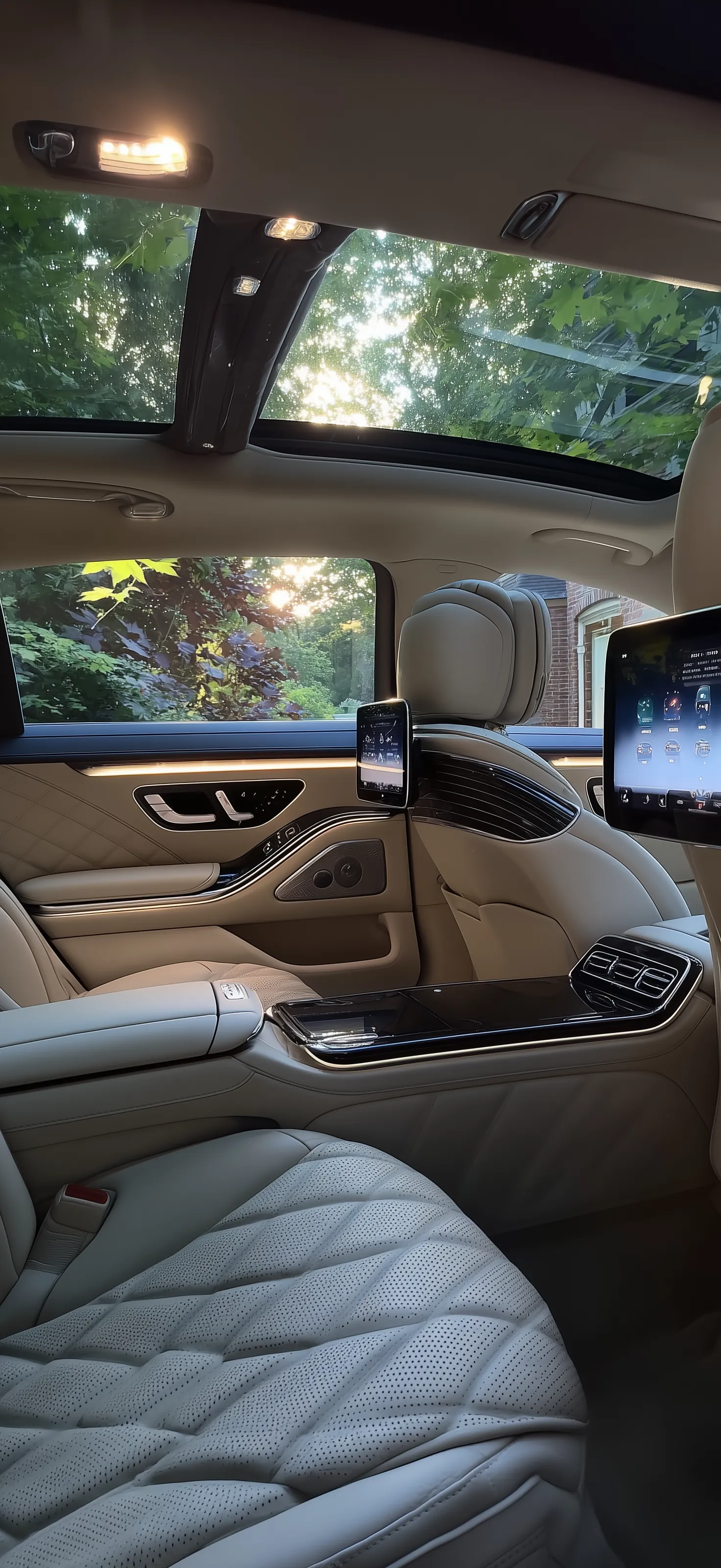 View from the rear cabin of a chauffeured luxury car in Paris